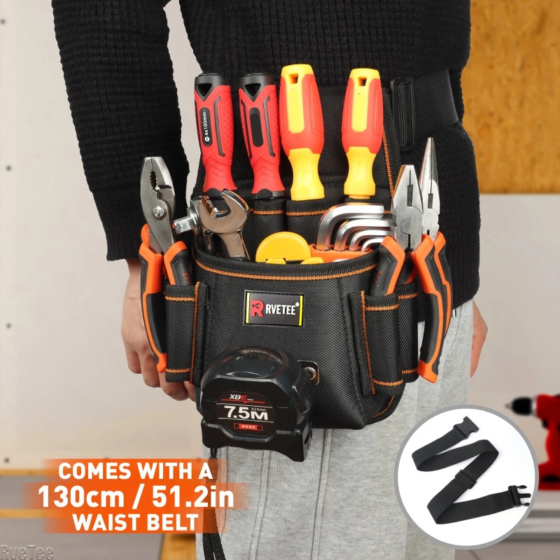 Power Tools Band - 厚みのあるポータブルツールベルトポーチバッグ、8つのプラグポジション、ベルトテープメジャー付きフック、電気技師用ツールオーガナイザーツールバッグ
